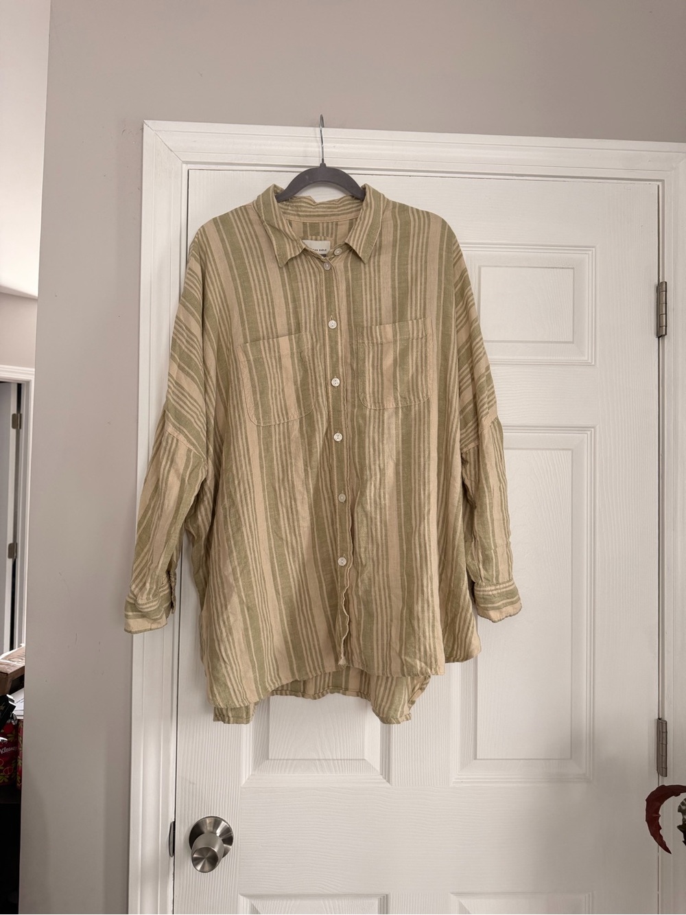 American Eagle Outfitters Beige & Olive Striped Button-Down Shirt